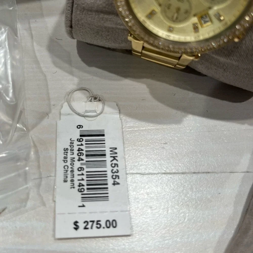 Michael Kors jeweled gold colored‎ watch with box, bag, pillow needs batteries